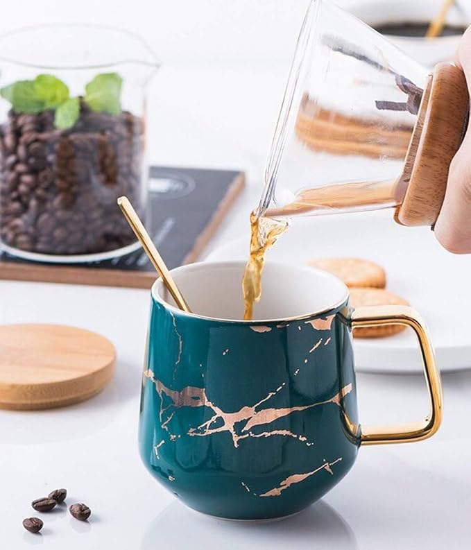 YBK Tech Porcelain Tea Cup Coffee Mug Set for Afternoon Tea - Marble Pattern (Green, Tall 400ml + wood lid)