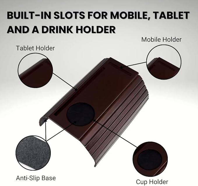 Bamboo Sofa Arm Tray, Couch Arm Table Caddy for Snacks, Drinks, Remote, Cups, Flexible & Foldable (Brown)