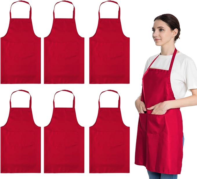 Total 6PCS Red Aprons Bulk for Women Unisex Plain Colour Bib Aprons with 2 Front Pockets Washable Apron for Painting Cooking Baking Kitchen Restaurant Crafting by LOYHUANG