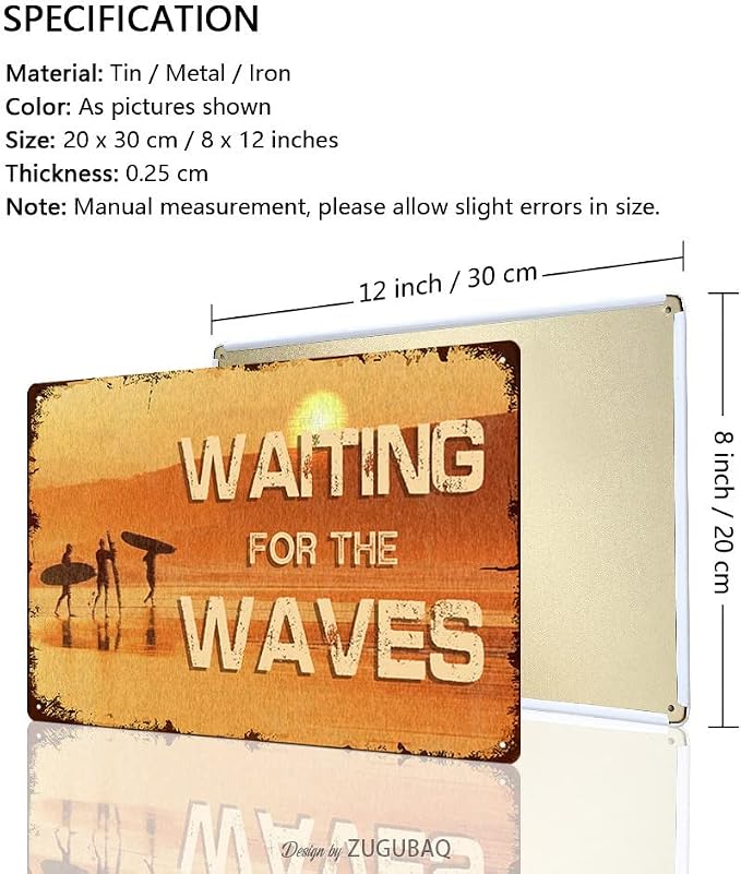 Vintage Tin Signs Wall Decor, Waiting For The Waves, Retro Metal Sign for Outdoor Indoor Home Beach Garden Tub Bar Farmhouse Cafe Gate Fence 8X12 Inch Decorations - Image 2