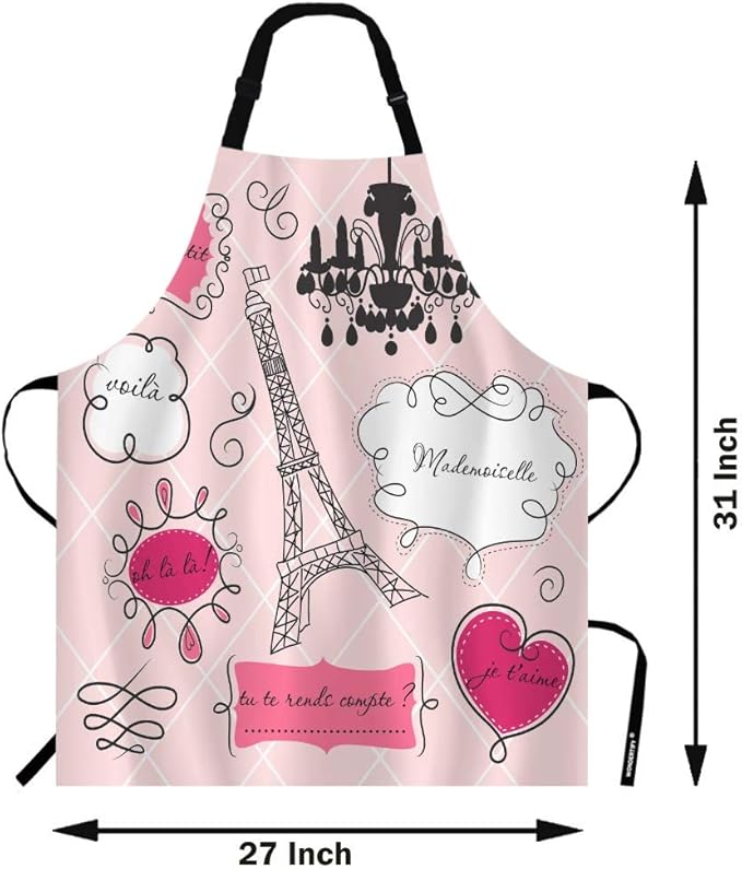Wondertify Doodle Frames in French Style Apron,Paris Glamorous Eiffel Tower Lovely Element Pink Bib Apron with Adjustable Neck for Men Women,Suitable for Kitchen Cooking Chef Grill Bistro Baking Apron