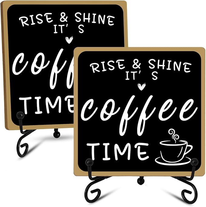 2Pcs Coffee Bar Sign Decorations, Black and White Coffee Sign Decor with Iron Stand Wooden Coffee Bar Decor Tabletop Shelf Accessories, Coffee Decorations for Coffee Bar Coffee Station Home Farmhouse by HINGTAI