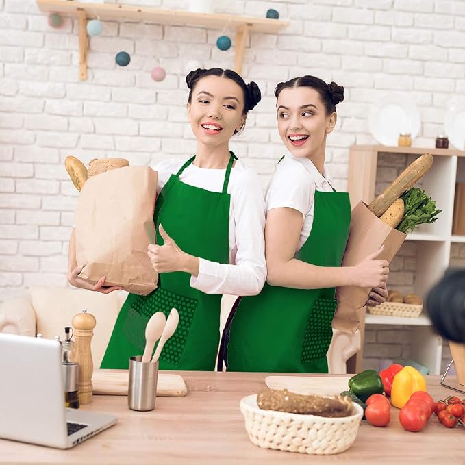 Total 6PCS Green Plain Color Bib Apron for Adult Women Unisex Durable Comfortable with 2 Front Pockets Washable Aprons for Chef Cooking Baking Kitchen Restaurant Crafting - Image 8