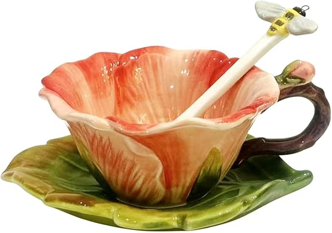 Ceramic Pansy Coffee Cup and Saucer Set with Spoon，6OZ 3D Hand-Painted Flower Tea Mug，Gift for Women (Red)
