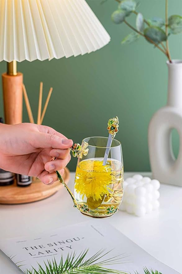 Luka Tech four-leaf clover flower Glass Coffee Mugs Tea Cup with Spoon, Unique Gifts For Women Wife Mom Friends Birthday Mothers Valentines Day Christmas (Green)
