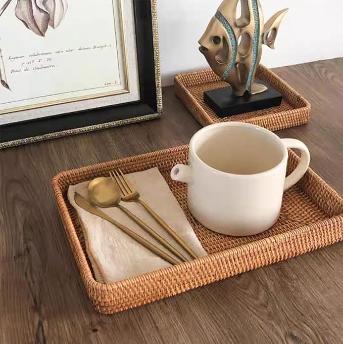 RT&BS Large Rattan Tray Rectangle, Rattan Barbecue Tray, Natural Rattan Serving Trays, Bathroom Vanity Trays, Handwoven Serving Basket for Food, Drinks, Decor in Kitchen, Restaurant, Bar, Cafés