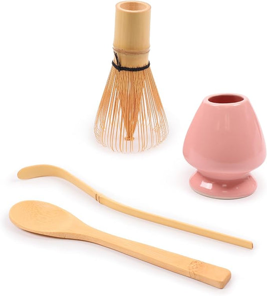 BambooMN Matcha Green Tea Whisk And Scoop 4 Piece Set - Pink Holder - 1 Set