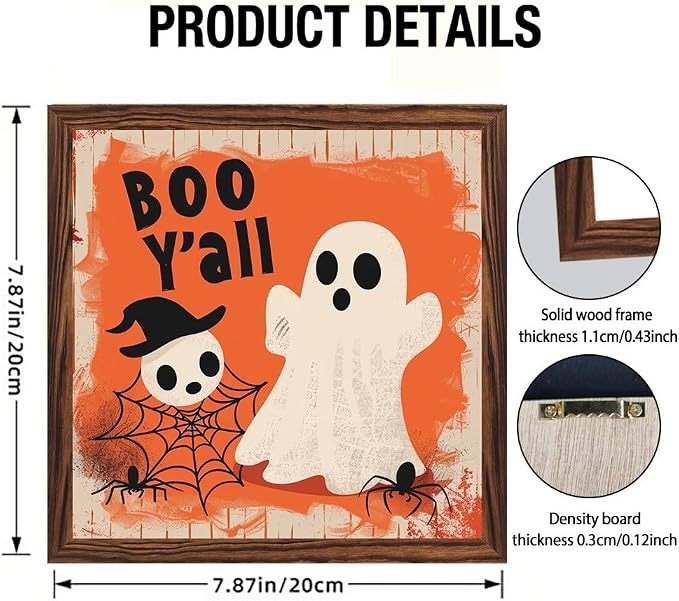 Vintage Halloween Cute Ghosts Boo Y'all Wooden Sign 7.87x7.87 Inch, Halloween Wall Art Wooden Sign For Bathroom, Cafe, Bar, Office Hanging Decor - Image 4