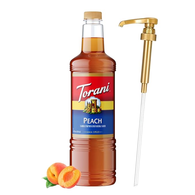 Torani Peach Syrup 1 Liter Bottle with Pump – Premium Drink Flavoring Made with Pure Cane Sugar & Natural Flavors for Lemonades, Teas, Cocktails, Mocktails & Desserts – Sweet Juicy Peach Sweetener by Torani