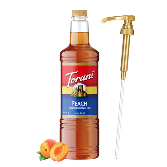 Torani Peach Syrup 1 Liter Bottle with Pump – Premium Drink Flavoring Made with Pure Cane Sugar & Natural Flavors for Lemonades, Teas, Cocktails, Mocktails & Desserts – Sweet Juicy Peach Sweetener by Torani