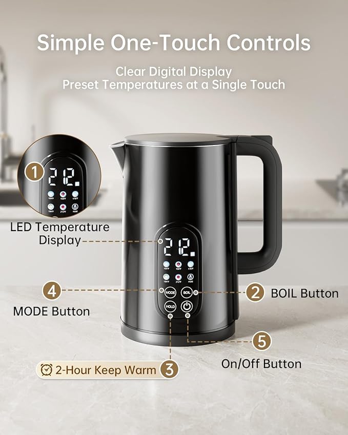 Electric Kettle with Temperature Control, 1.7L Stainless Steel Hot Water Kettle, 5 Presets, 2H Keep Warm, Fast Boil, Matte Black with Stainless Steel Coffee Filter Included