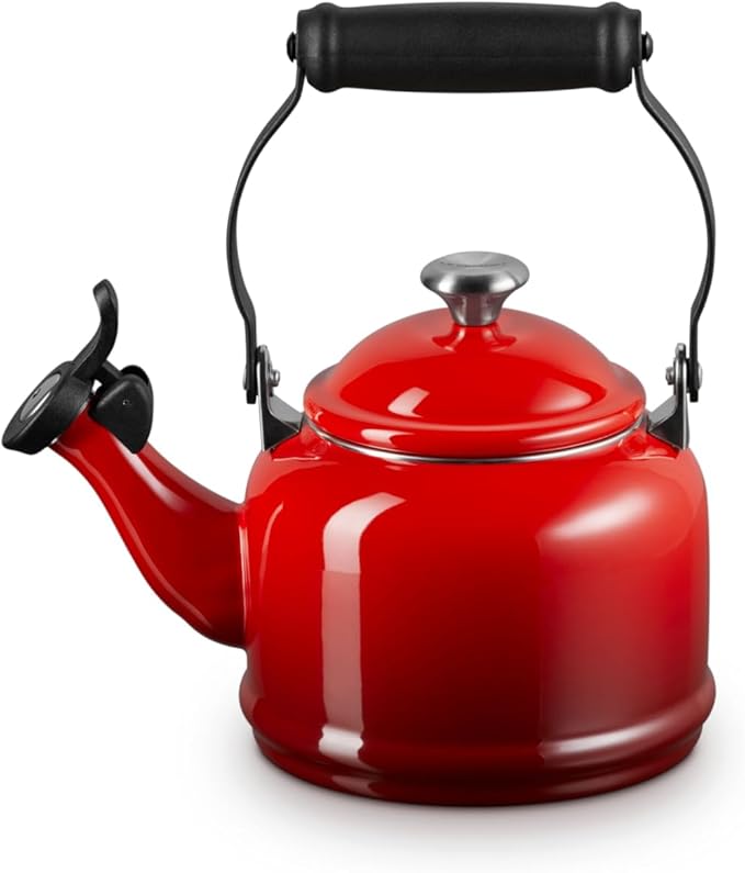 Le Creuset Enamel On Steel Demi Tea Kettle with Metal Finishes, 1.25 qt., Cerise
