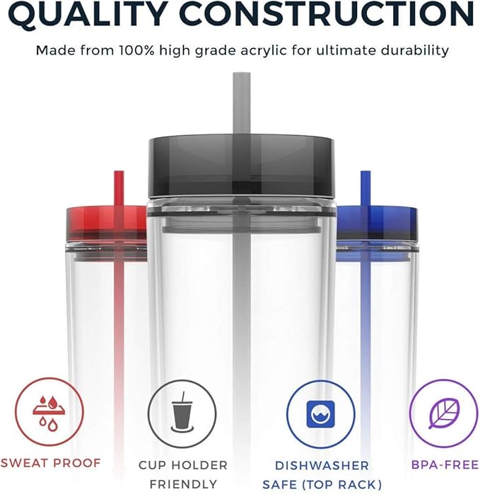 Maars Skinny Clear Tumbler with Lid and Straw | 16oz Premium Acrylic, Insulated Double Wall Plastic Reusable Water Cups, BPA-Free To Go Cups for Iced Coffee, Juice & Ice Tea