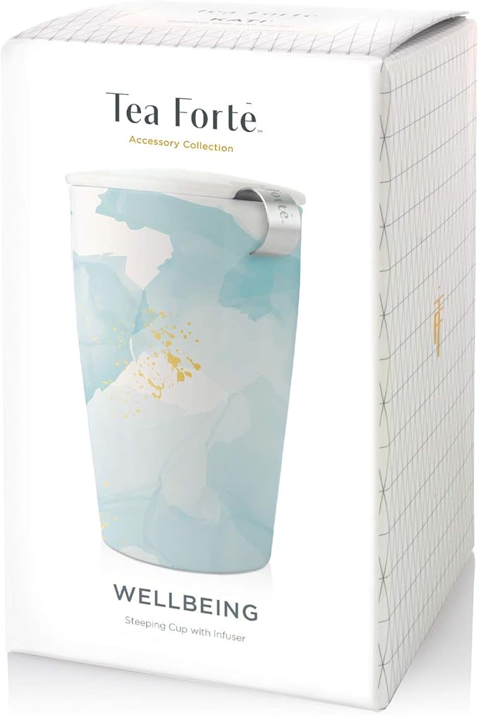 Tea Forte Double-Walled Ceramic Kati Cup, Removable Stainless Steel Infuser Basket and Lid, Steeps 12 oz Loose Leaf Tea, Dishwasher & Microwave Safe, Wellbeing (Blue/Gold)