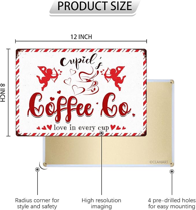 Cupid's Coffee Co Love In Every Cup Tin Sign Love Shack Metal Signs Valentine's Day Wall Art Decoration Home Farmhouse Bar Kitchen Cafe Coffee Corner White Day Decor Romantic Gift 12" x 8" - Image 2