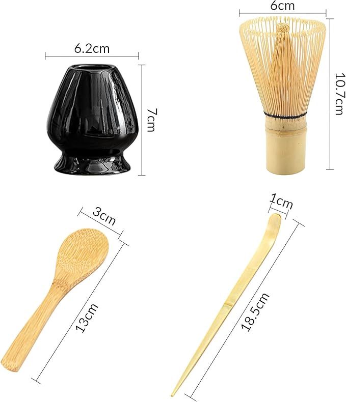 Traditional Japanese Matcha Tea Whisk Set, 4 Piece Bamboo Ceremonial Kit with Ceramic Holder (Black)