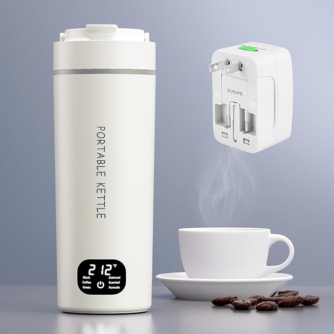 Dual Voltage Portable Electric Kettle Travel Hot Water for Tea, Coffee, 6 Temperature Controls and LCD Display, 316 Stainless Steel and 450ml, Auto Shut Off & Boil Dry Protection