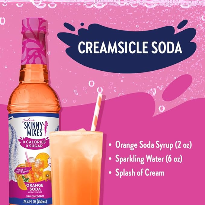 Jordan's Skinny Mixes Sugar Free Syrup, Orange Soda Flavor, Fruit Flavored Water Enhancer, Drink Mix for Iced Tea, Lemonade, Drinks, Low Calorie Water Flavoring, Dairy & Gluten Free Kosher, 25.4 Fl Oz - Image 3