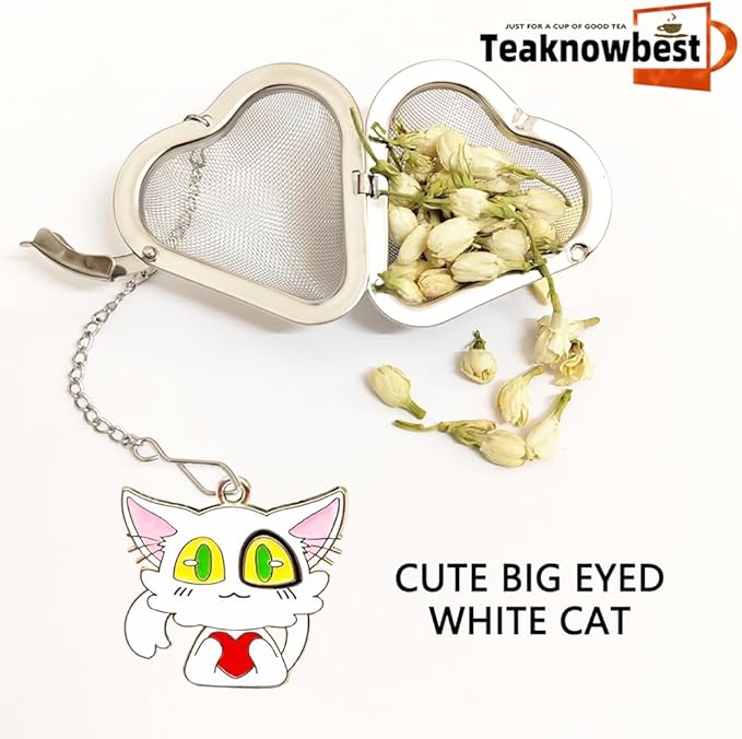 Tea infusers, loose tea strainer, Heart shaped tea ball + cute animal pendant, reusable tea steeper makes afternoon tea meaningful (2, big eyed cat)