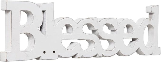 Farmhouse Wood Blessed Sign for Table 15", Hanging Distressed White Wall Decoration, Rustic Blessed Signs for Home Decor, Thanksgiving Christmas Signs Decor for Living Room