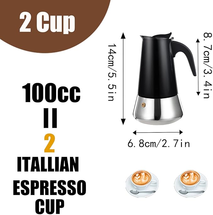 2 Cup Stovetop Espresso Maker Stainless Steel Moka Pot Stove Top Percolator Italian Coffee Makers Capable Mocha Greca Machine Cafe Classic Induction Cookers for Home and Camping 100ml 3.3oz