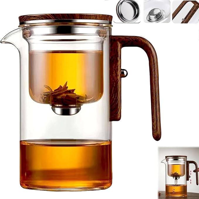 Enchantipot Magic TeaPot, 900ML Water Separation Glass Tea Pot with Wooden Handle, Press Control Magic Tea Infuser, For Loose Tea Kettle Witchcraft Teapot