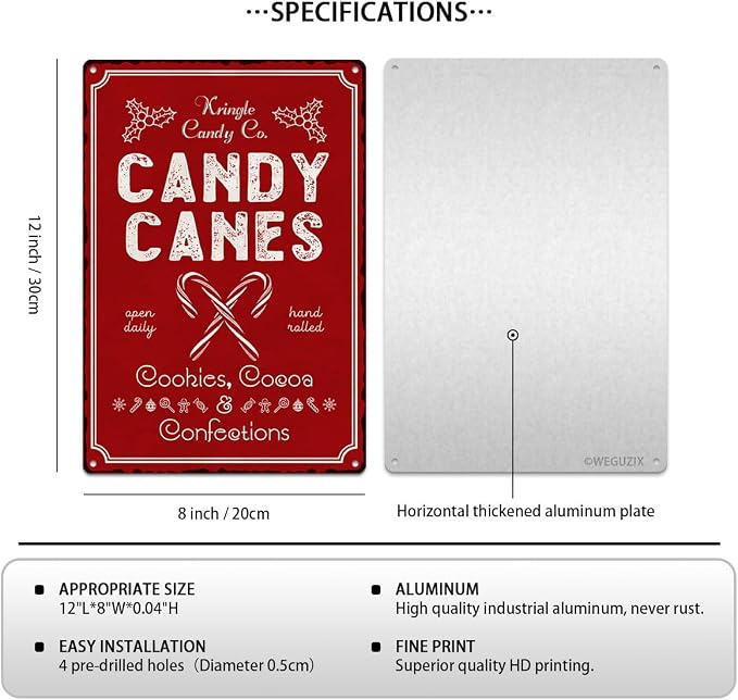Candy Canes Christmas Metal Sign Red Christmas Vintage Print Art Poster 12" x 8" Aluminium Hanging Plaque for Home Kitchen Patio Yard Office Cafe Coffee Bar Front Door Wall Decor - Image 2