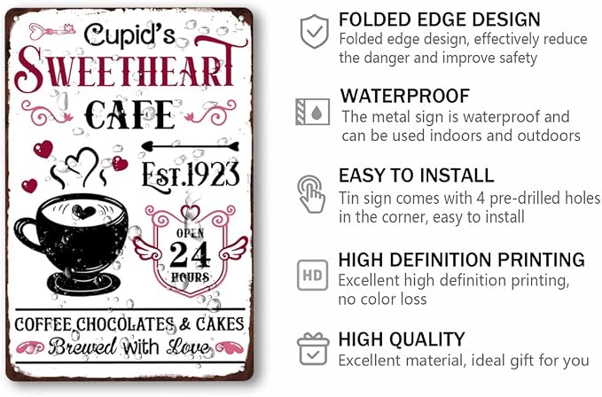 Cupid’S Sweetheart Cafe Retro Metal Tin Sign Vintage Poster Valentine's Day Sign for Kitchen Home Bar Coffee Wall Decor 8x12 Inch - Image 2