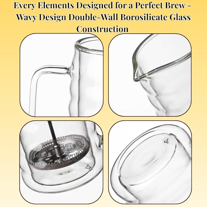 French Press Coffee Maker Double-Wall Borosilicate Glass | Wavy Manual Brewer with Stainless Steel Mesh Filter for Hot & Cold Coffee or Tea (34oz / 1000ml - Wavy Design)