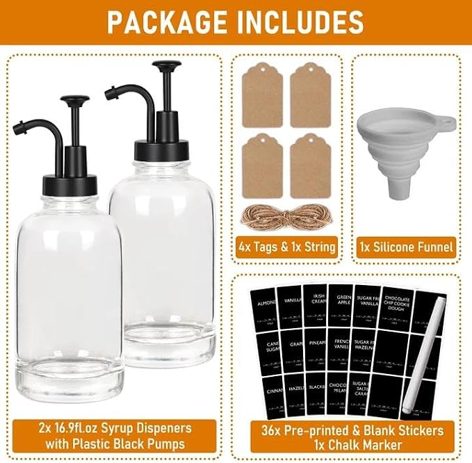 Coffee Syrup Dispenser 16.9 Oz 2 Pack, 500ml Glass Bottle with Black Plastic Pump for Coffee Bar, Includes 36 Stickers & Marker - Reusable Syrup Bottles - Image 5