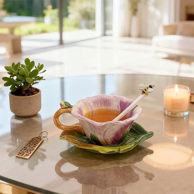 Ceramic Pansy Coffee Cup and Saucer Set with Spoon，6OZ 3D Hand-Painted Flower Tea Mug，Gift for Women (Lilac)