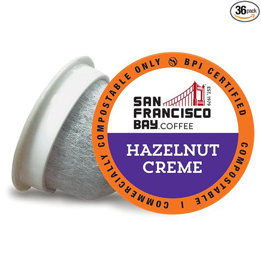 San Francisco Bay Compostable Coffee Pods - Hazelnut Crème (36 Ct) K Cup Compatible including Keurig 2.0, Flavored, Medium Roast