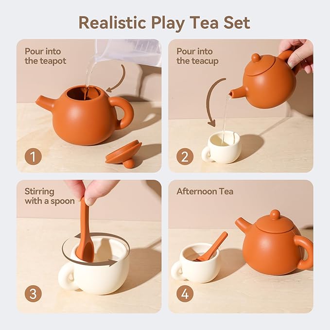 Silicone Tea Set for Toddlers – Kids Tea Set for Girls & Boys, Pretend Play Tea Party Set with Teapot, Cups & Spoons – Safe Tea Sets for Toddlers 3-5 Years Old