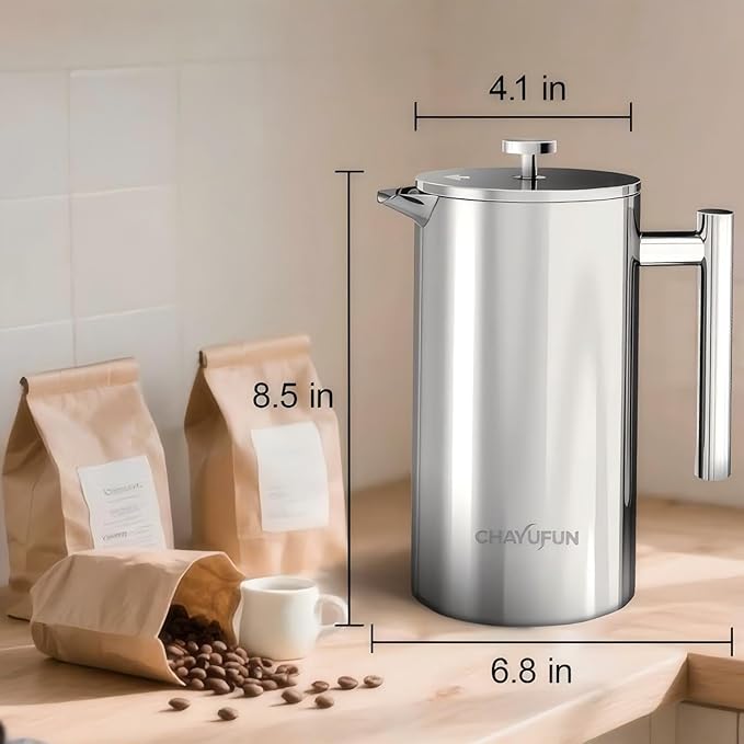 Premium Stainless Steel French Press Coffee Maker (5 Pack Filter)- 34oz/1L Thermal Insulated, 304 Rust-Proof Metal Press - Heat-Resistant Ergonomic Handle BPA Free(Dishwasher Safe)