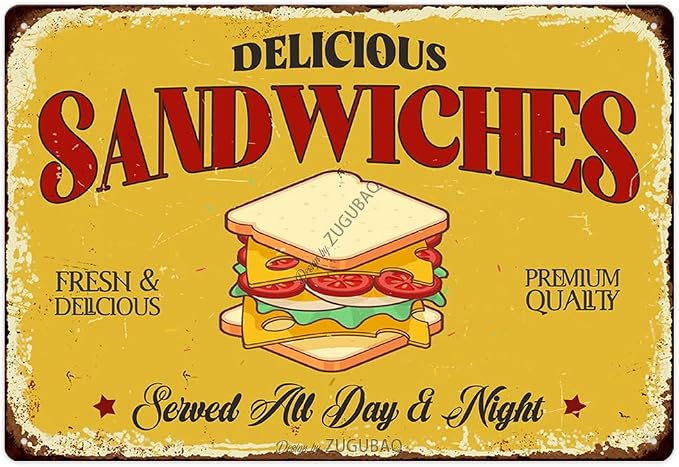 Sandwiches Tin Signs Vintage Metal Sign Funny Food Art Printing Poster Wall Decor for Home Kitchen Bar Restaurant Cafe Pub Indoor Outdoor 12x8 Inch Hanging Plaque by ZUGUBAQ