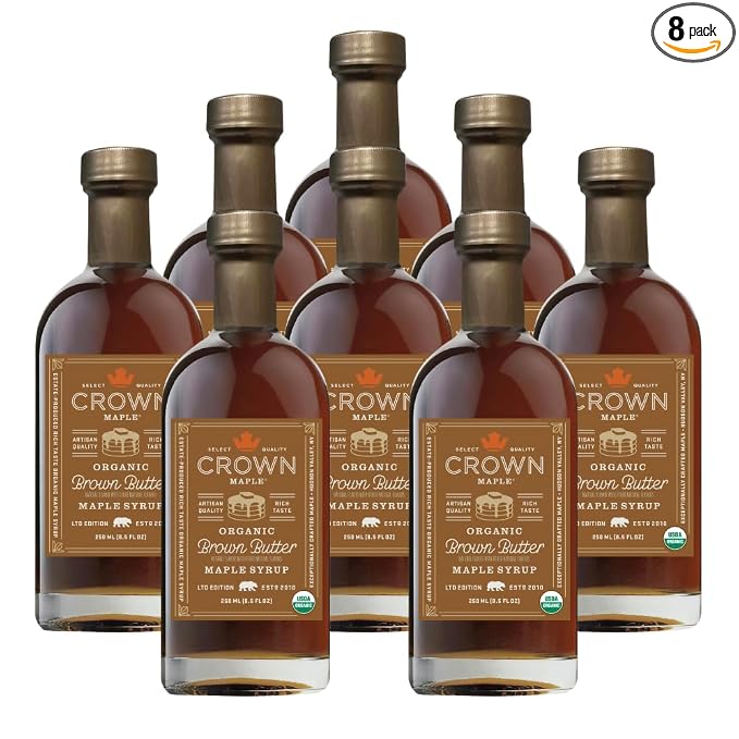 Crown Maple Certified Organic Brown Butter Flavor Maple Syrup, Gluten Free, No Preservatives, Non-GMO Pancakes, Waffles, and French toast Breakfast Topping, 8.5 Fl Oz (Pack of 8) by CrownMaple