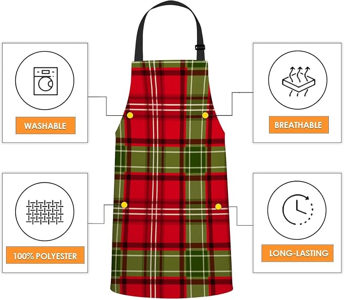 Christmas Green Red Plaid Checkered Lattice Chefs Apron, Cooking and Baking Apron for Men and Women, Kitchen Apron, Butchers Apron, BBQ & Catering Bibs - Image 4