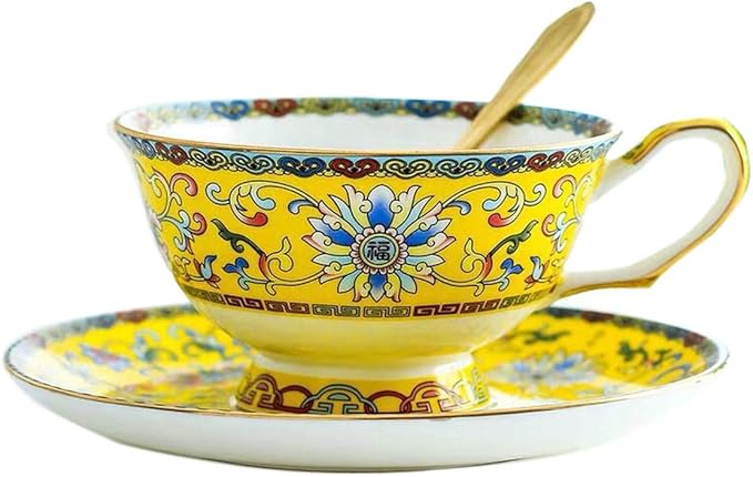 Cup& Saucer Set Bone China Tea Coffee Cup for Breakfast Afternoon Tea- Classic Enamel Patterns (Yellow)