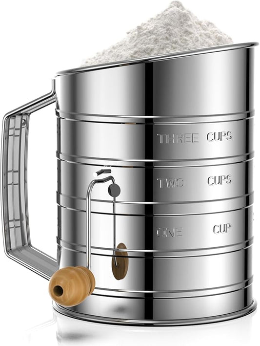 Flour Sifter for Baking, Stainless Steel 3 Cup Flour Sifter with Rotary Hand Crank, Fine Mesh and Agitator Flour Duster, Esvopa