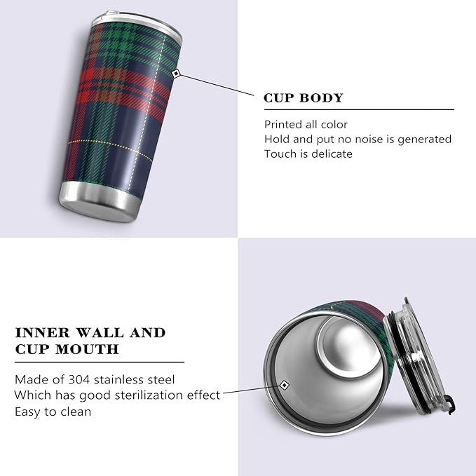 Tumbler Tartan Plaid Classic Red Green Insulated Coffee Cup Beverage Container Travel Mug with Straw and Lid Double Wall Stainless Steel 20oz BPA-Free for Sport, Back to School