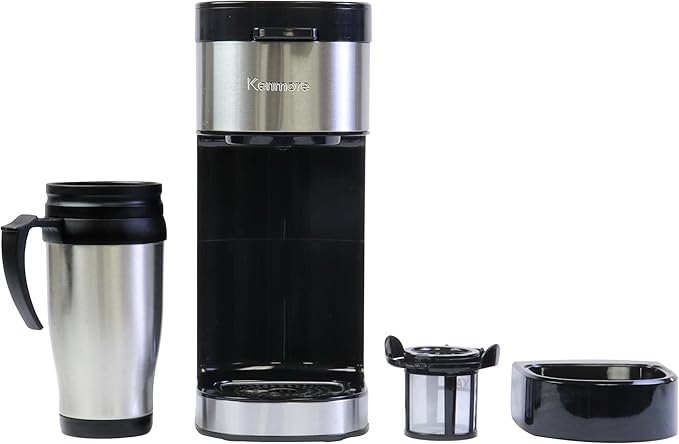Kenmore Single Serve Coffee Maker – 6–14 Oz Brew Sizes, Compatible with Keurig K‑Cup Pods & Ground Coffee, One Cup Brewer, Travel Mug Friendly, Auto Shut‑Off, Hot & Iced Machine à café, Black