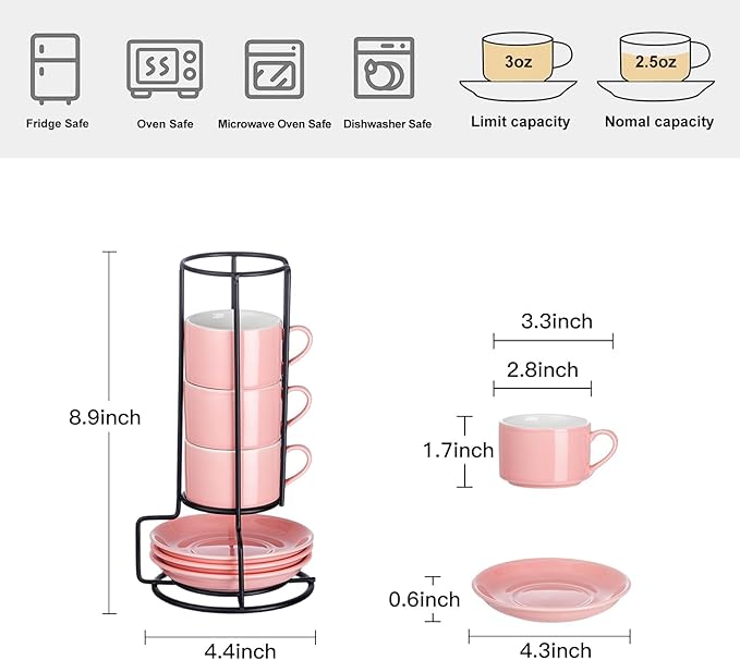 2.5oz Espresso Cups Set of 4, Porcelain Stackable Espresso Cups with Saucers and Metal Stand Set, Pink Expresso Shots Cup Set