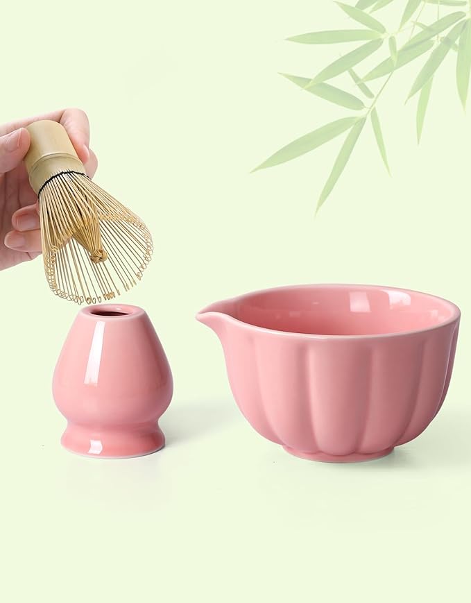 Matcha Whisk Set, 7 Pcs, Matcha Kit Includes Matcha Bowl, Matcha Whisk and Holder, Bamboo Scoop, Spoon, Sifter and Tea Towel, Matcha Set, Gift for Matcha Lovers & Beginners (Pink)