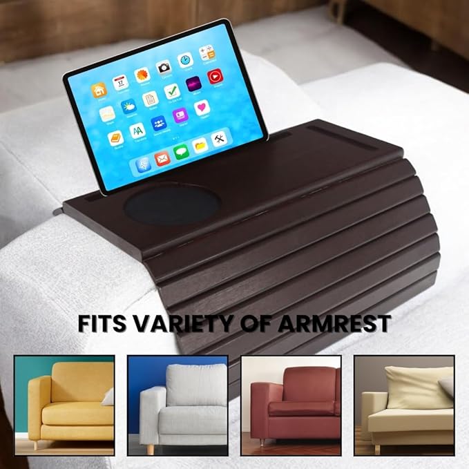Bamboo Sofa Arm Tray, Couch Arm Table Caddy for Snacks, Drinks, Remote, Cups, Flexible & Foldable (Brown)