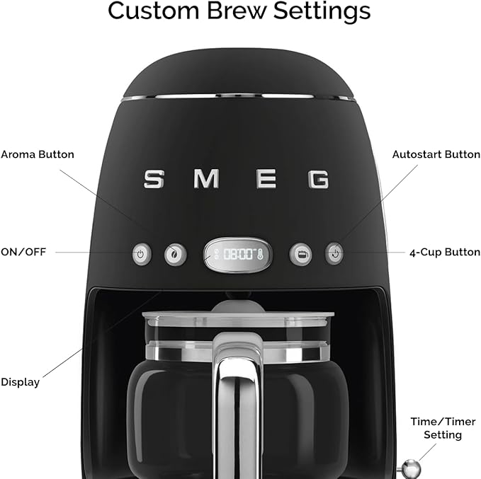 Smeg 50's Retro Style Aesthetic Drip Coffee Machine with 10 Cup Glass Carafe, Auto Start Feature, Keep Warm Plate, and Two Coffee Strength Settings (Matte Black)