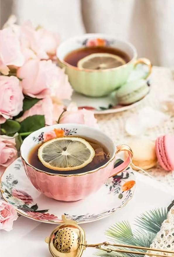 Porcelain Tea Cup with Saucers and Spoon, 2 Sets of 8 Oz Floral Coffee Mug with Gold Trim Holder, Royal Ceramic Teacup Set, Espresso Latte Mugs for Wedding Birthday Table Supplies (Pink + Apple Green)