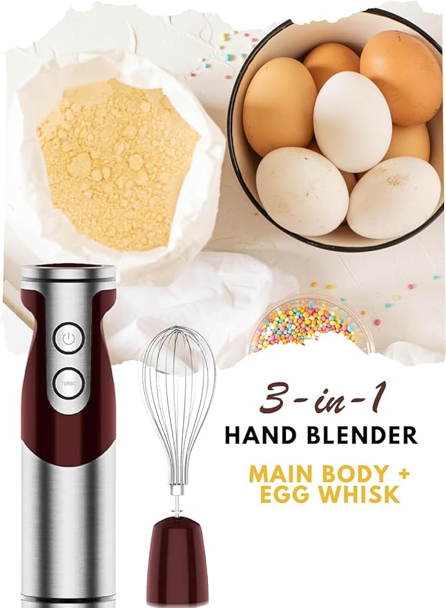 MegaWise 3-in-1 Hand Blender Set with Variable Speed Control, 400W Immersion Blender - Includes Whisk, Milk Frother, Chopper, and Beaker for Smoothies, Soups, and Baby Food (RED)