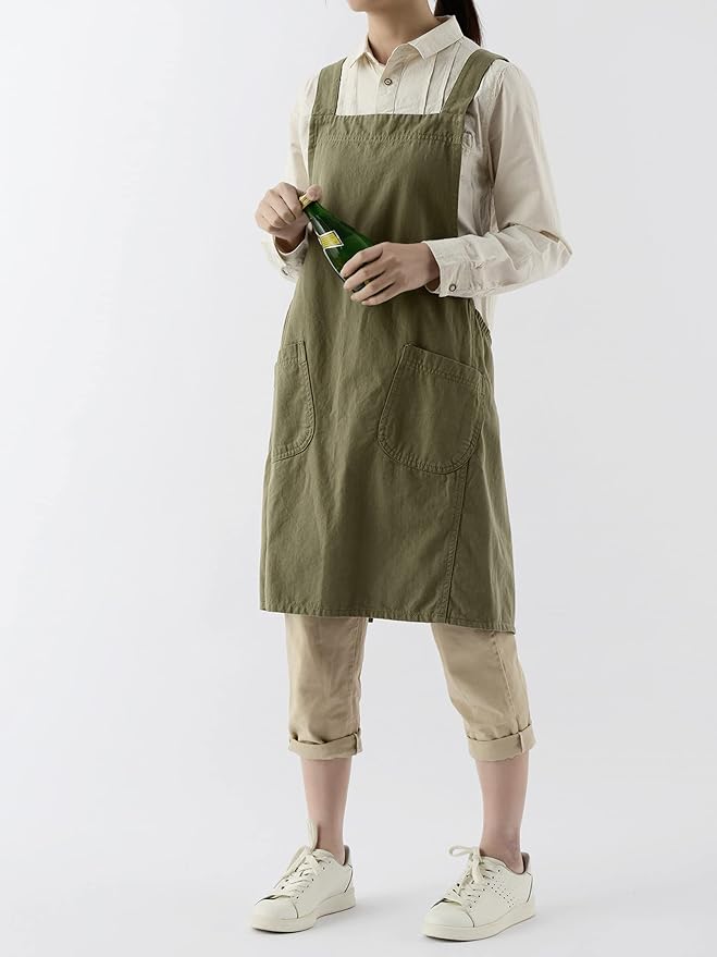 Japanese Cotton Linen Cross Back Apron with Pockets,Fashion Pinafore Dress for Gardening Painting Cleaning Cooking - Image 4
