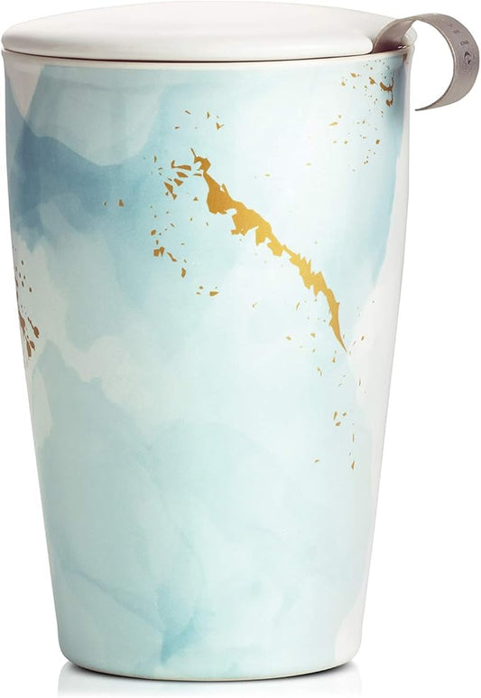 Tea Forte Double-Walled Ceramic Kati Cup, Removable Stainless Steel Infuser Basket and Lid, Steeps 12 oz Loose Leaf Tea, Dishwasher & Microwave Safe, Wellbeing (Blue/Gold)