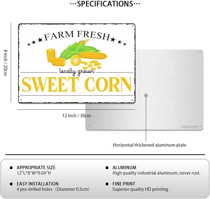 Vintage Sweet Corn Metal Signs Wall Decor Funny Vegetables Art Poster Decorative for Home Farmhouse Kitchen Garden Cafe Bar Farm Porch Fence Yard 12X8 Inch Aluminium Hanging Plaque - Image 2